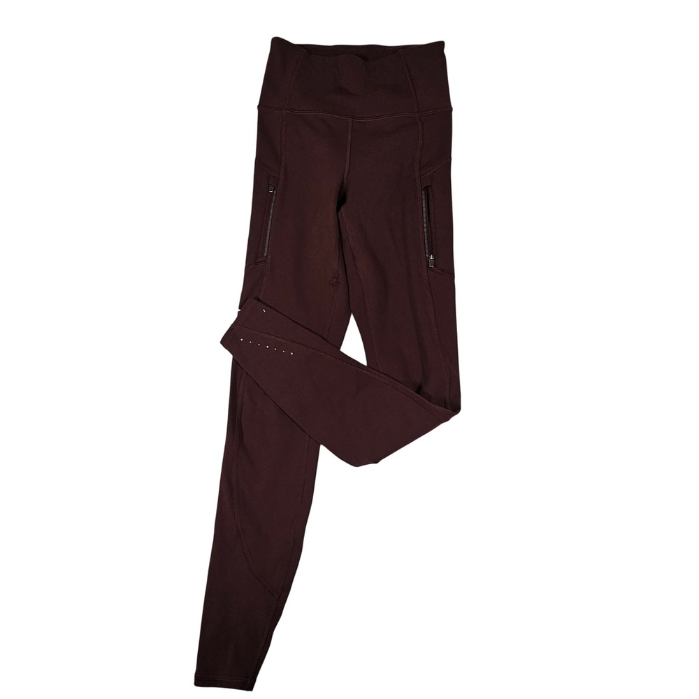 Athleta Rainier Tight Leggings XXS Maroon Burgundy Fleece Lined High Rise Pocket
